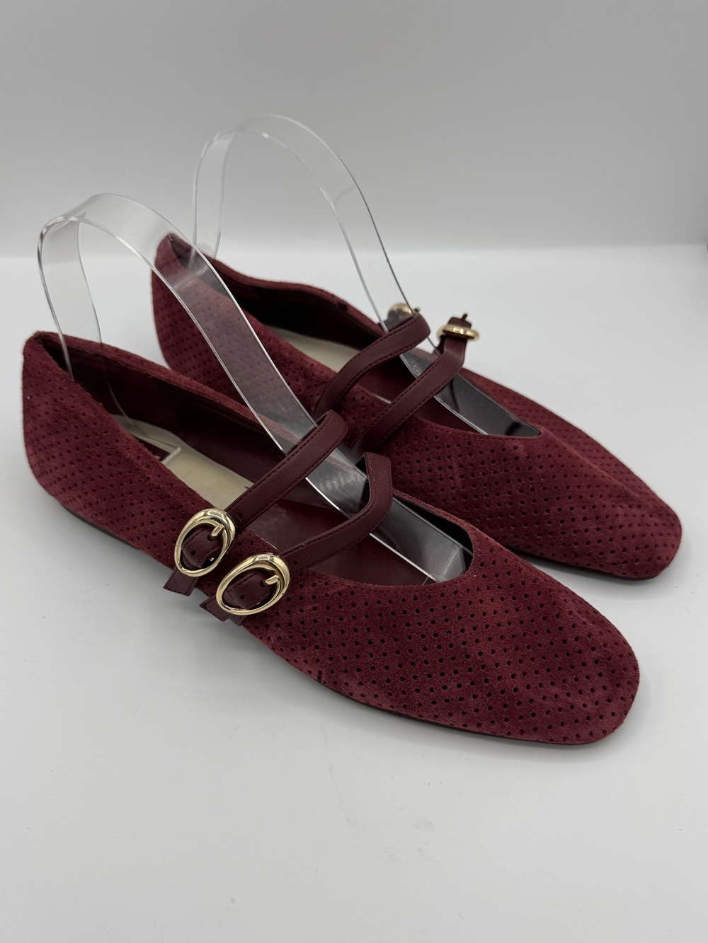 Dolce Vita Burgundy Suede Perforated Mary Jane Flats with Gold Buckles